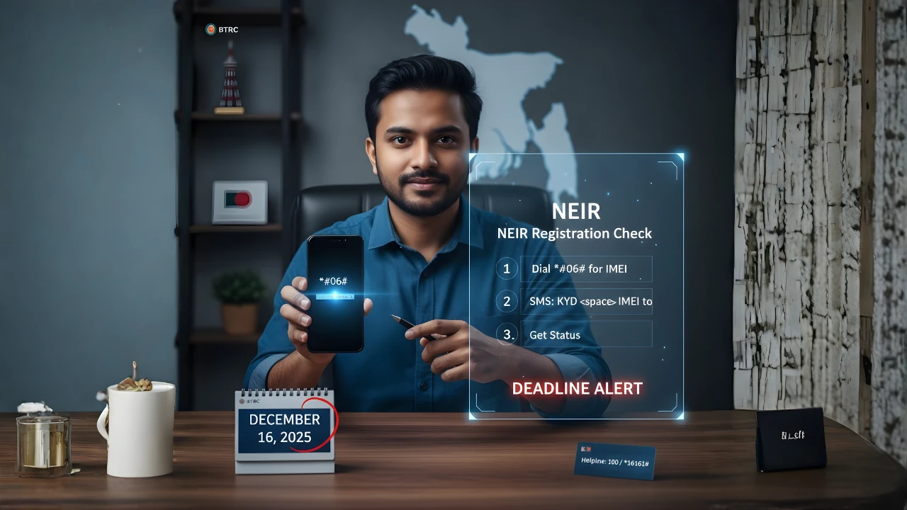 FINAL WARNING: Your Mobile Phone Could Be Disconnected After December 16, 2025—Here’s How to Stay Safe! - BTRC NEIR mobile handset registration check steps with December 16, 2025 deadline and KYD SMS instruction.