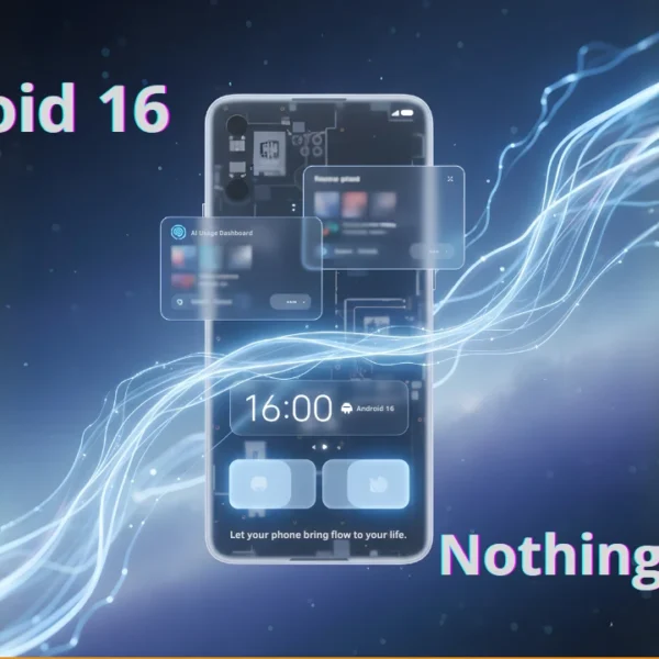 A clear, detailed render of a Nothing smartphone showcasing the transparent internal components and the OS 4.0 'Flow' interface. The screen displays the digital clock, two customizable icons, and holographic floating windows for the 'AI Usage Dashboard', with the text 'Android 16' clearly visible, emphasizing fluid motion and design.
