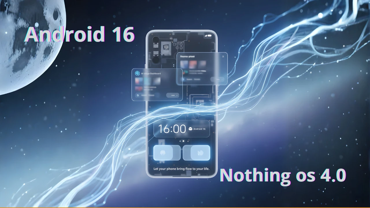 Nothing OS 4.0 General Release: Experience the 'Flow' of Android 16 Today! - A clear, detailed render of a Nothing smartphone showcasing the transparent internal components and the OS 4.0 'Flow' interface. The screen displays the digital clock, two customizable icons, and holographic floating windows for the 'AI Usage Dashboard', with the text 'Android 16' clearly visible, emphasizing fluid motion and design.