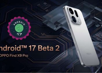 Official Android 17 Beta 2 announcement for OPPO Find X9 Pro with circuit background.