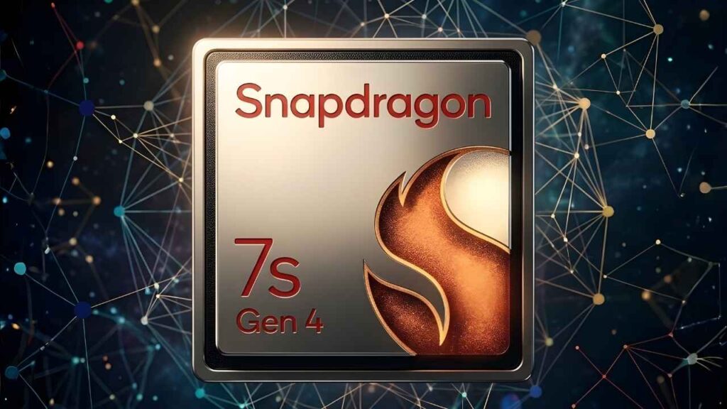 A high-quality rendering of the Snapdragon 7s Gen 4 processor with a glowing neural network background.