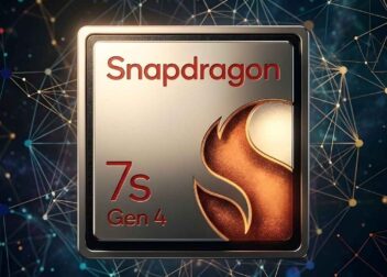 A high-quality rendering of the Snapdragon 7s Gen 4 processor with a glowing neural network background.