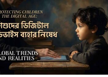 A young boy looking at a digital tablet with text overlay about protecting children in the digital age.