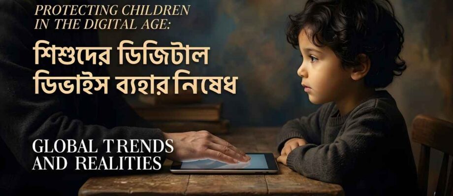 Protecting Children in the Digital Age: Global Trends and Realities 1 A young boy looking at a digital tablet with text overlay about protecting children in the digital age.