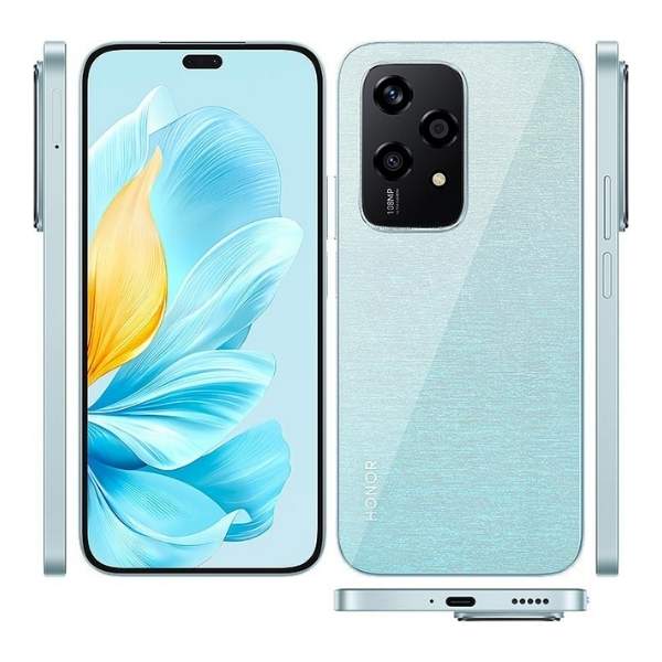 Honor 200 Lite smartphone in light blue color featuring a premium slim design and a 108MP main camera setup.
