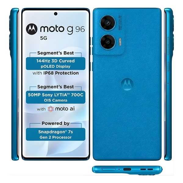 Motorola Moto G96 5G smartphone in blue color showcasing its 144Hz pOLED display and 50MP main camera setup on the back.