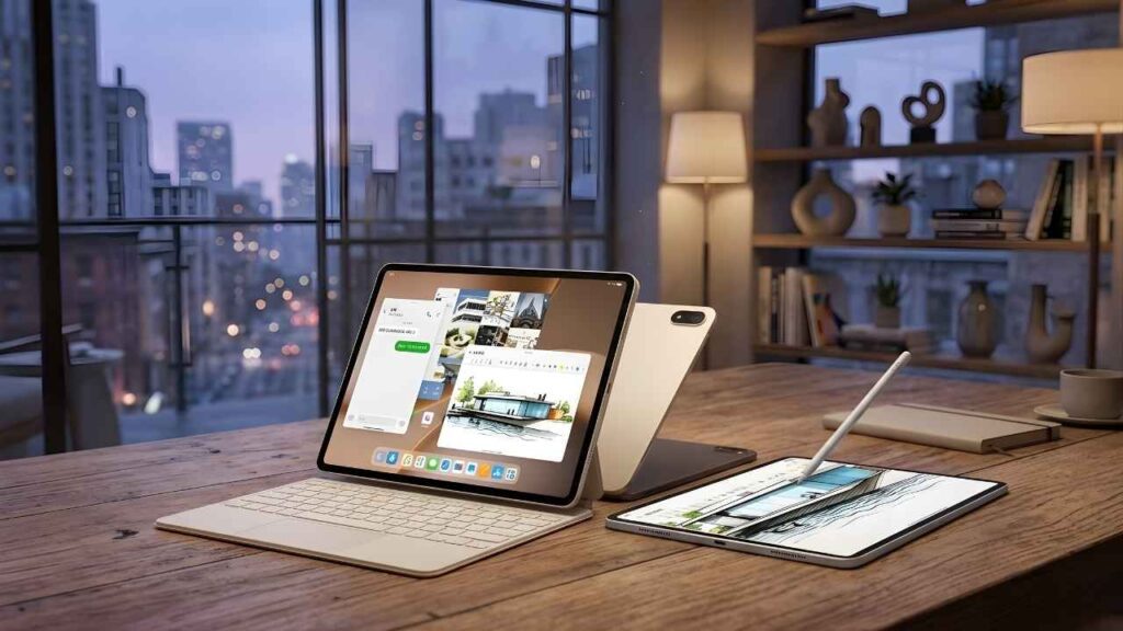 A high-end OnePlus tablet setup on a wooden desk featuring a magnetic keyboard, digital stylus, and a multitasking interface in a modern room.