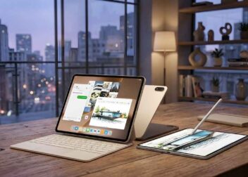 A high-end OnePlus tablet setup on a wooden desk featuring a magnetic keyboard, digital stylus, and a multitasking interface in a modern room.