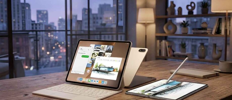 A high-end OnePlus tablet setup on a wooden desk featuring a magnetic keyboard, digital stylus, and a multitasking interface in a modern room.
