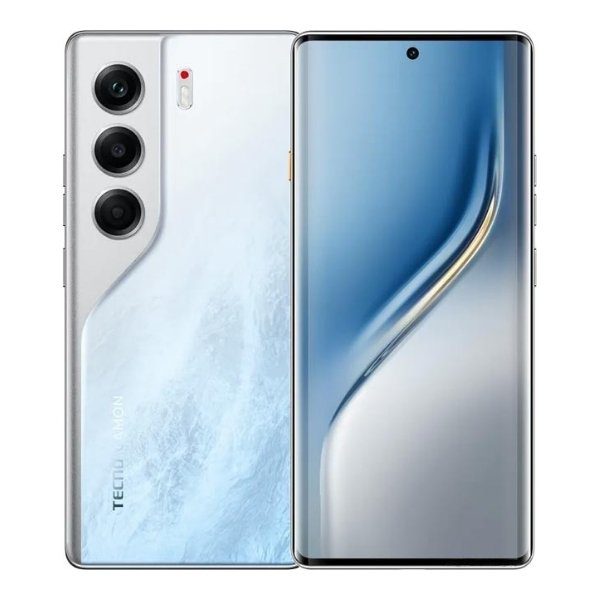 Tecno Camon 40 Pro smartphone in silver color showing its premium curved display, elegant back texture, and 50MP triple camera system.