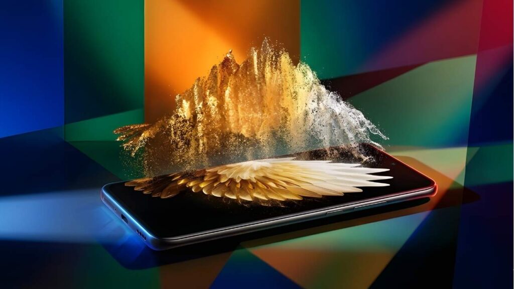 A futuristic smartphone display showing vibrant golden particles and a high-resolution wallpaper, representing the Tecno Spark 50 Pro screen quality.