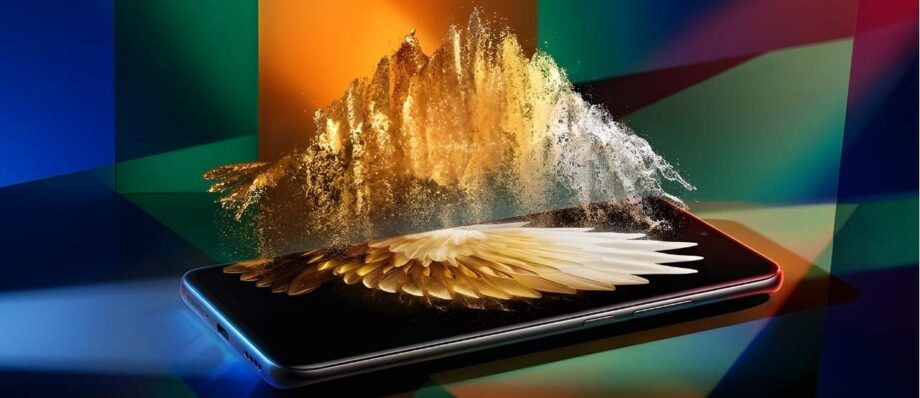 A futuristic smartphone display showing vibrant golden particles and a high-resolution wallpaper, representing the Tecno Spark 50 Pro screen quality.