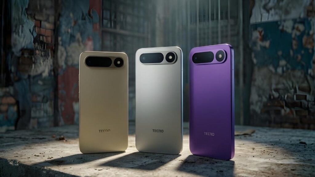 Rear view of Tecno Spark 50 Pro 5G in Gold, Silver, and Purple colors showing the dual-camera setup.