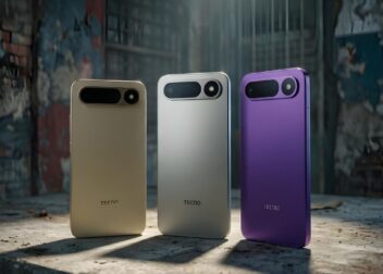 Rear view of Tecno Spark 50 Pro 5G in Gold, Silver, and Purple colors showing the dual-camera setup.