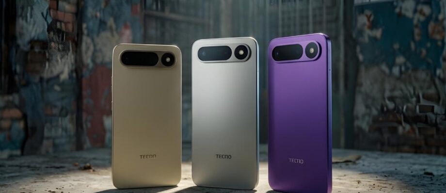 Tecno Spark 50 Pro Leaked: Massive 6,000mAh Battery and May Launch Expected 1 Rear view of Tecno Spark 50 Pro 5G in Gold, Silver, and Purple colors showing the dual-camera setup.