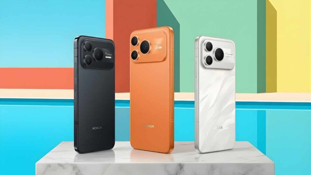 Three Honor smartphones in black, orange, and white colors showcasing the rear camera design and slim profile.