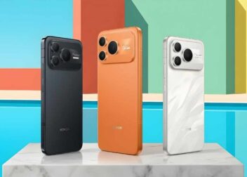 Three Honor smartphones in black, orange, and white colors showcasing the rear camera design and slim profile.