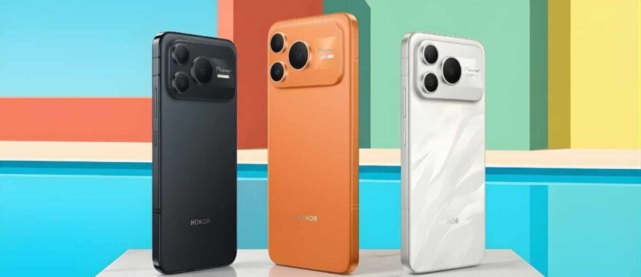 Honor Set to Shatter Records with Upcoming 11,000mAh Battery Smartphone: Leaks Reveal Massive Power 1 Three Honor smartphones in black, orange, and white colors showcasing the rear camera design and slim profile.