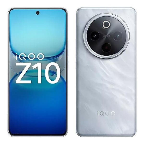 iQOO Z10 smartphone in a white marble-like finish displaying its large circular rear camera bump and curved front display.