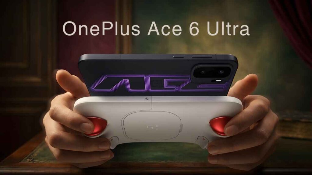 A close-up shot of the OnePlus Ace 6 Ultra smartphone attached to the white and red Gun God Gaming Controller for an immersive handheld experience.