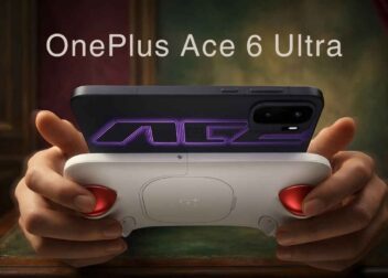 A close-up shot of the OnePlus Ace 6 Ultra smartphone attached to the white and red Gun God Gaming Controller for an immersive handheld experience.