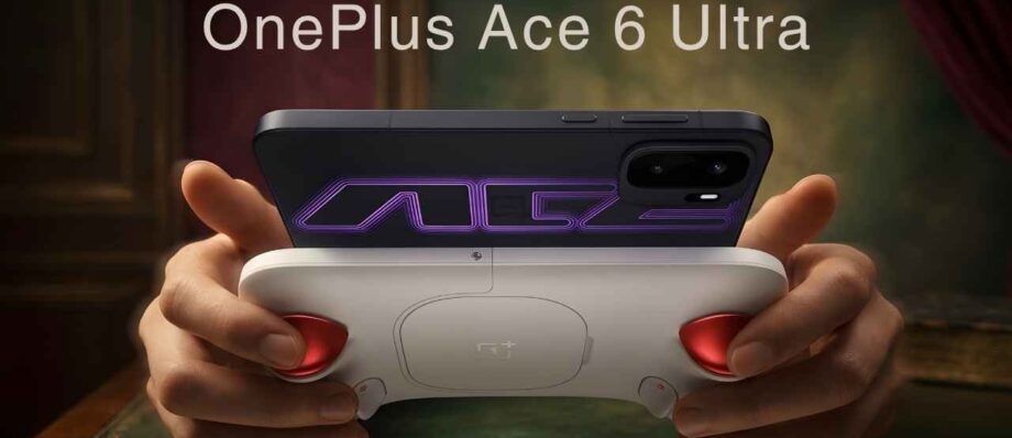 OnePlus Ace 6 Ultra Set for April 28 Launch: Price in Bangladesh and Features 1 A close-up shot of the OnePlus Ace 6 Ultra smartphone attached to the white and red Gun God Gaming Controller for an immersive handheld experience.