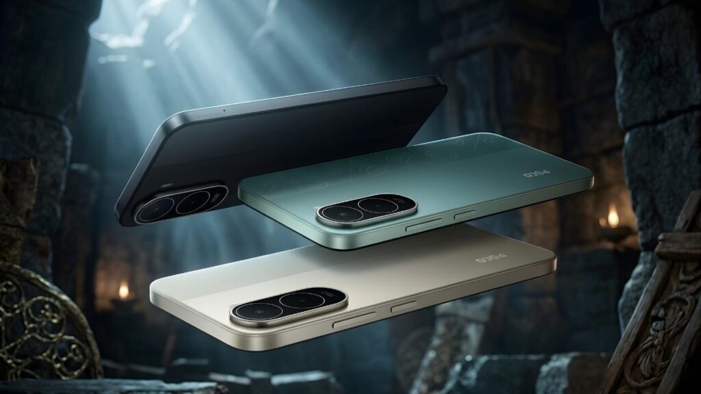 Three Poco C81 Pro smartphones in Black, Green, and Gold colors showing the dual camera setup in a cinematic stone-themed background.