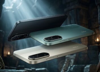 Three Poco C81 Pro smartphones in Black, Green, and Gold colors showing the dual camera setup in a cinematic stone-themed background.