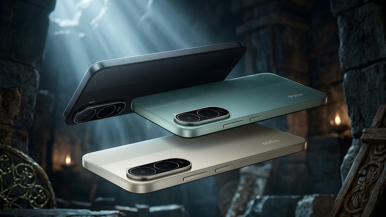 Three Poco C81 Pro smartphones in Black, Green, and Gold colors showing the dual camera setup in a cinematic stone-themed background.