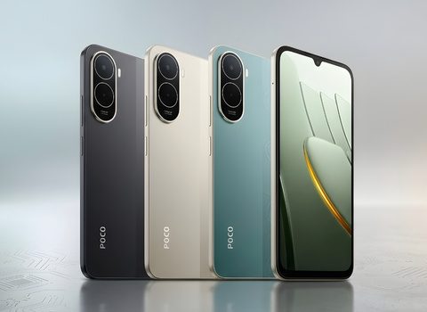 Official render of Poco C81 Pro showing the 120Hz waterdrop notch display and the sleek back panel design of the Black, Gold, and Green versions.