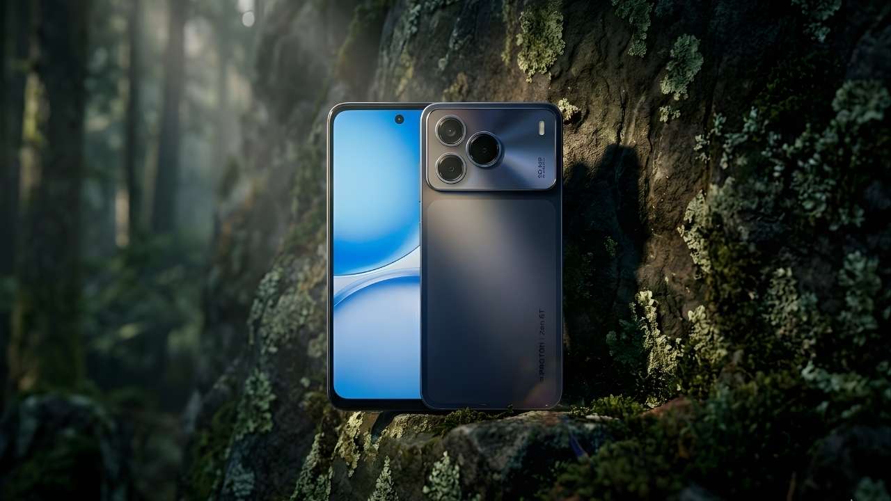 Proton Zen 6T Blue variant showcased against a mossy rock background in a forest setting.