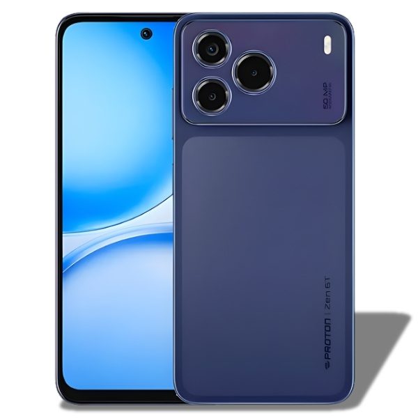 Front and back view of Proton Zen 6T in Blue color showing the triple camera setup and punch-hole display.