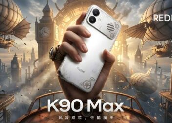 Back view of Redmi K90 Max showing the camera module and integrated cooling fan in a steampunk aesthetic background.