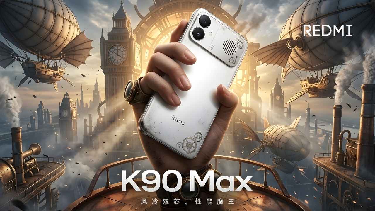 Back view of Redmi K90 Max showing the camera module and integrated cooling fan in a steampunk aesthetic background.