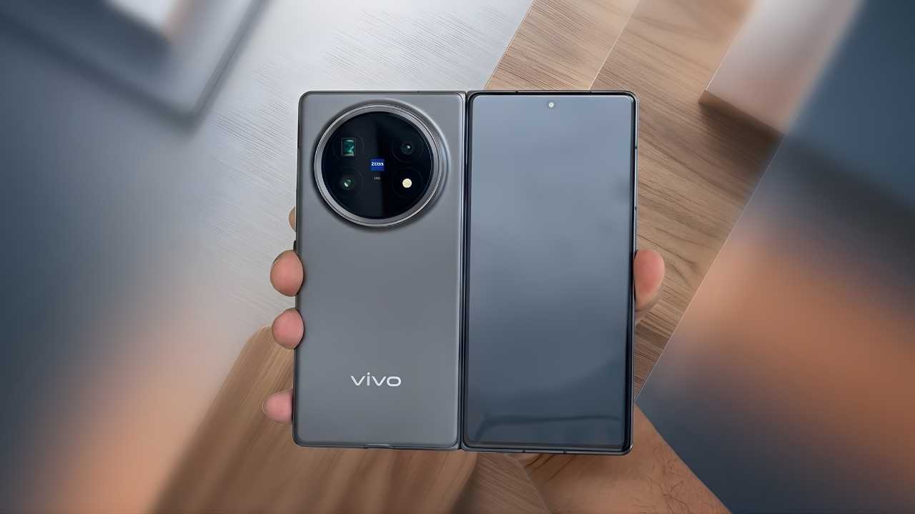 A hand holding the upcoming Vivo X Fold 6 showing its large circular camera module with a city background.