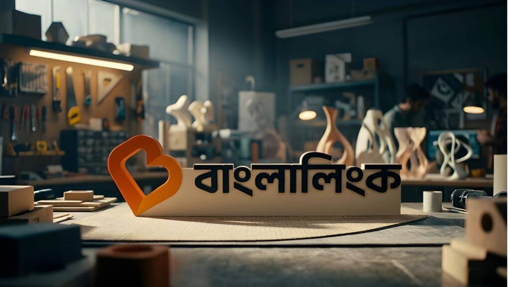 Banglalink logo displayed on a desk in a modern workshop setting representing digital connectivity