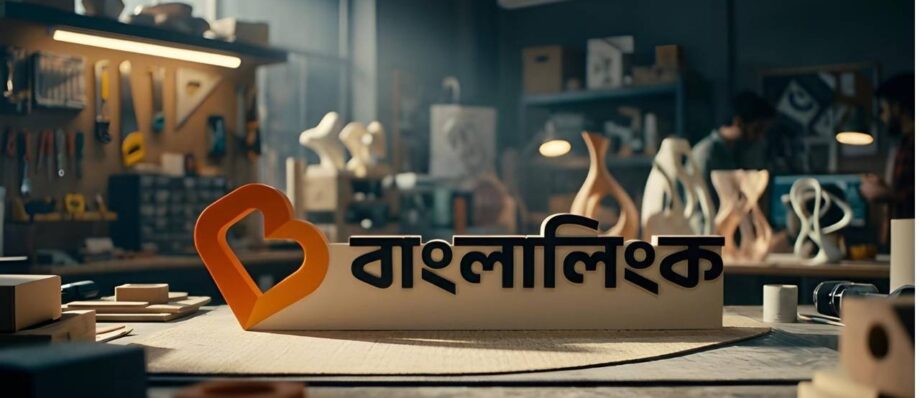 Banglalink Offers Free 1GB Data to Customers Facing Power Cuts 1 Banglalink logo displayed on a desk in a modern workshop setting representing digital connectivity