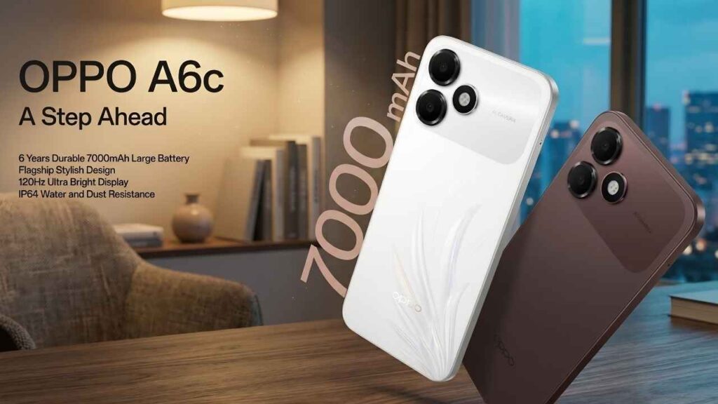 OPPO A6c promotional banner showcasing 7000mAh battery and 120Hz display features in Bangladesh.
