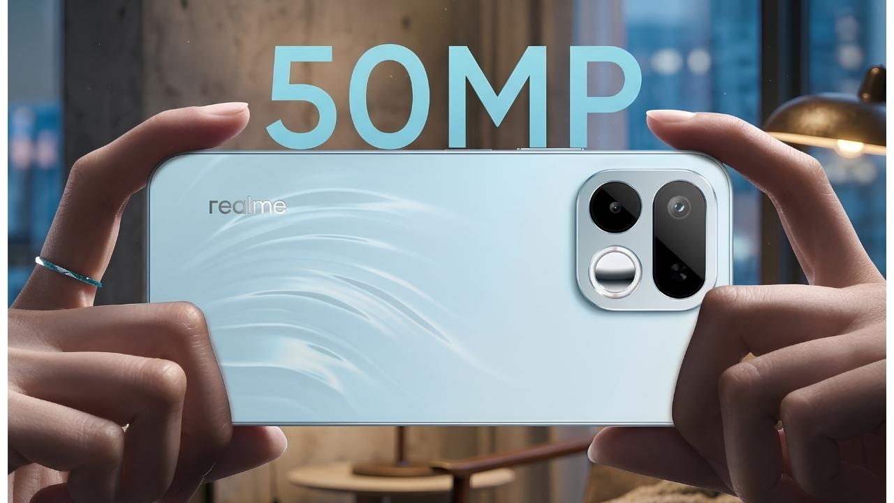 Rear view of Realme 16T highlighting the 50MP Sony IMX852 AI Camera module with a Selfie Mirror.