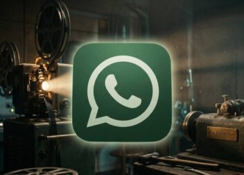 A green WhatsApp icon overlaying an old cinematic film projector in a vintage workshop setting.