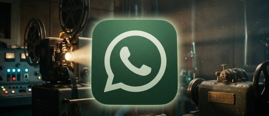 WhatsApp to Stop Working on Older Smartphones: Is Your Device Safe? 1 A green WhatsApp icon overlaying an old cinematic film projector in a vintage workshop setting.