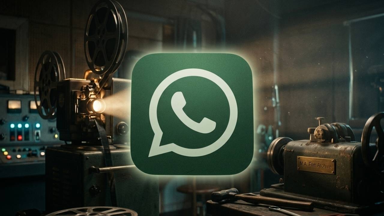 A green WhatsApp icon overlaying an old cinematic film projector in a vintage workshop setting.