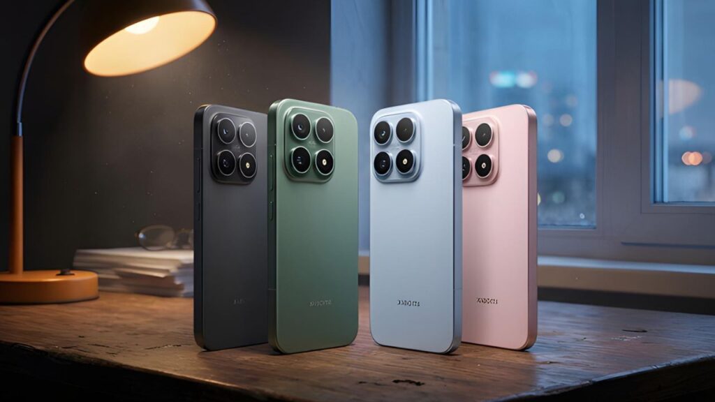Leaked renders of Xiaomi 17T and 17T Pro showing four different color variants on a desk.