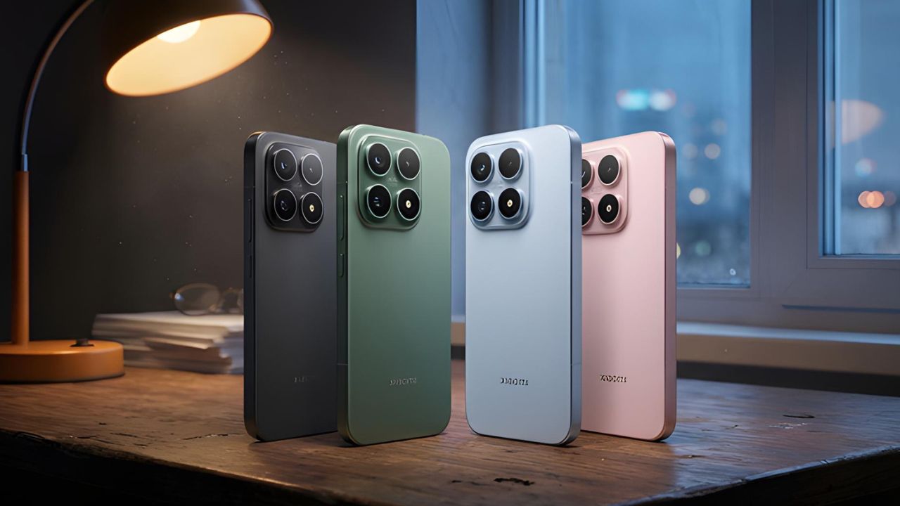 Leaked renders of Xiaomi 17T and 17T Pro showing four different color variants on a desk.