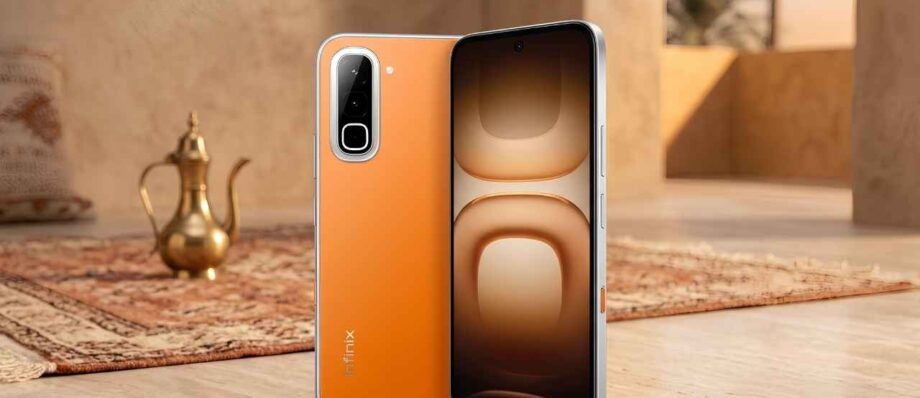 Infinix Hot 70 Series Launching Globally on May 25 with Color-Changing Back and Active RGB Halo Design 1 Infinix Hot 70 Thermo Orange variant standing on a table with a sleek premium look