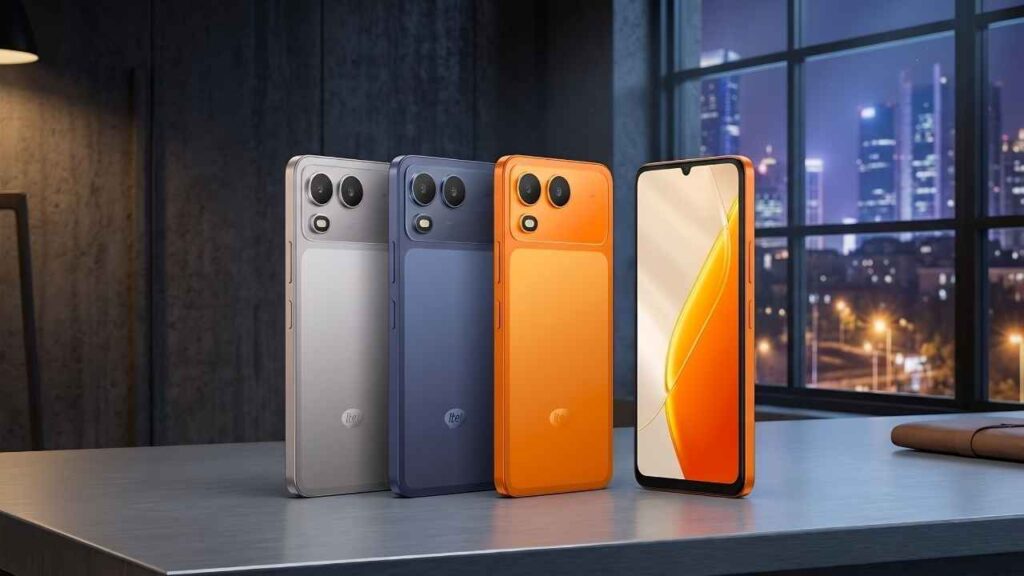 A showcase of itel Zeno 200 in Orange, Blue, and Titanium colors with its waterdrop notch display.