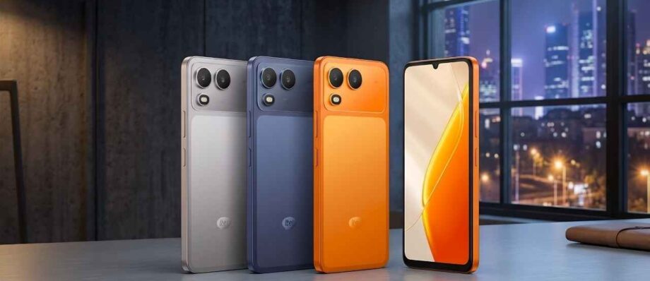 A showcase of itel Zeno 200 in Orange, Blue, and Titanium colors with its waterdrop notch display.