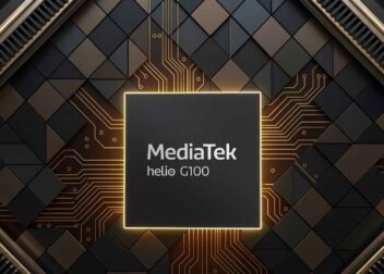 A close-up shot of the MediaTek Helio G100 processor with gold circuit traces on a dark geometric background.