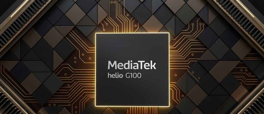 MediaTek Helio G100 Review: The Ultimate Budget King of 4G Processors? 1 A close-up shot of the MediaTek Helio G100 processor with gold circuit traces on a dark geometric background.