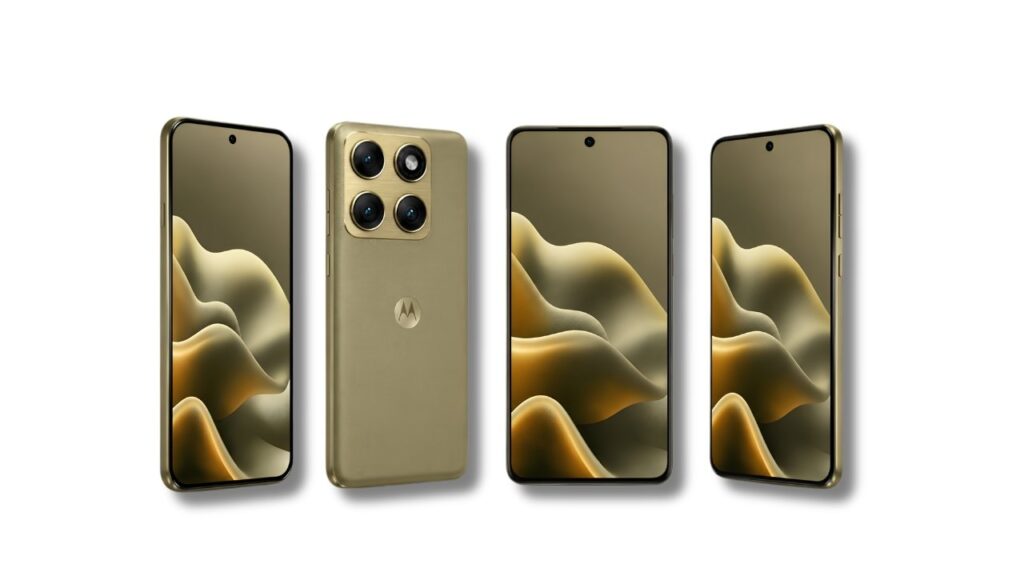 Leaked renders of the Motorola Edge 2026 in Champagne Gold showing front, textured back, and profile views.